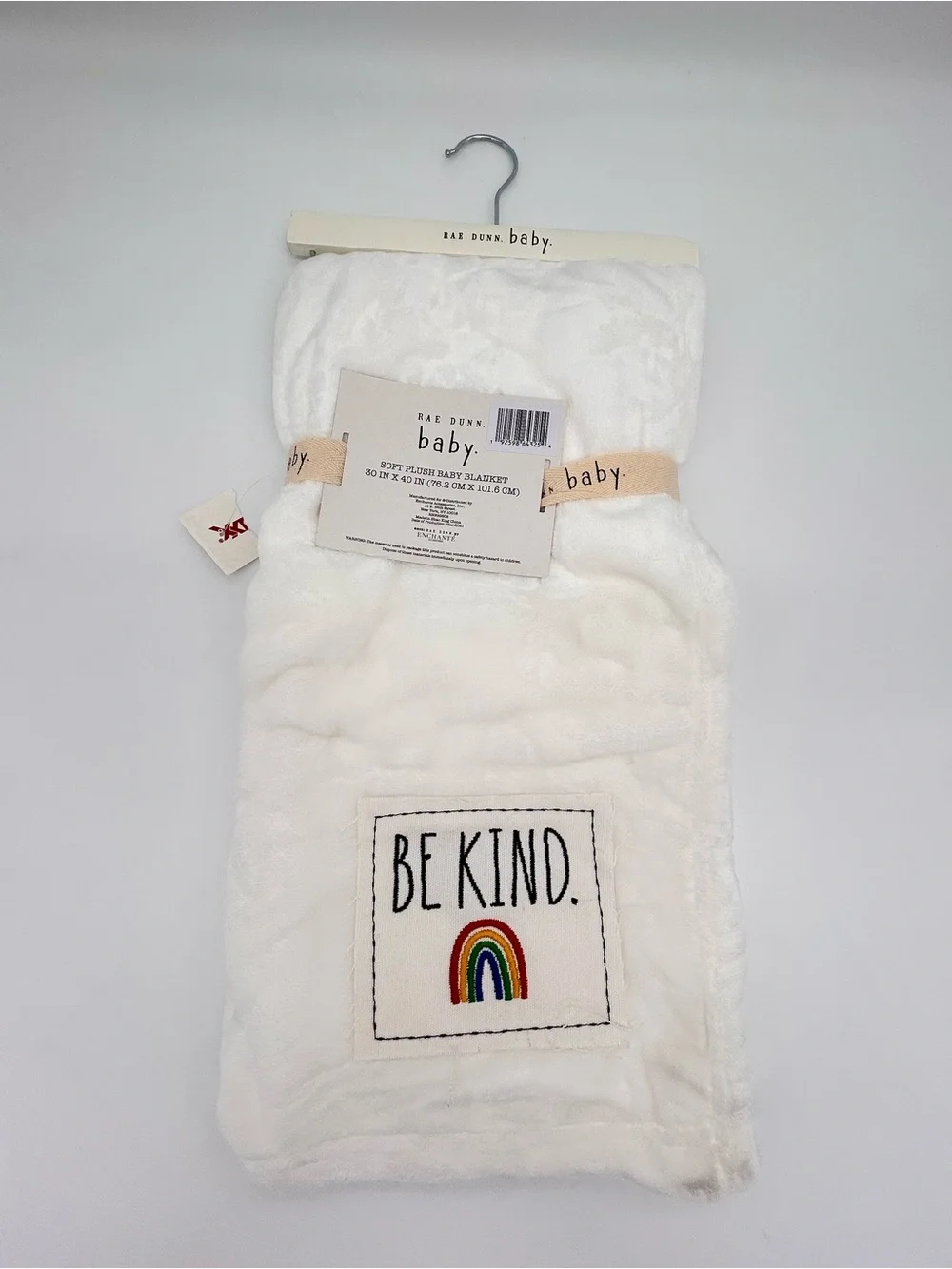 Rae Dunn White Plush Baby Blanket with Rainbow 'Be Kind' Patch